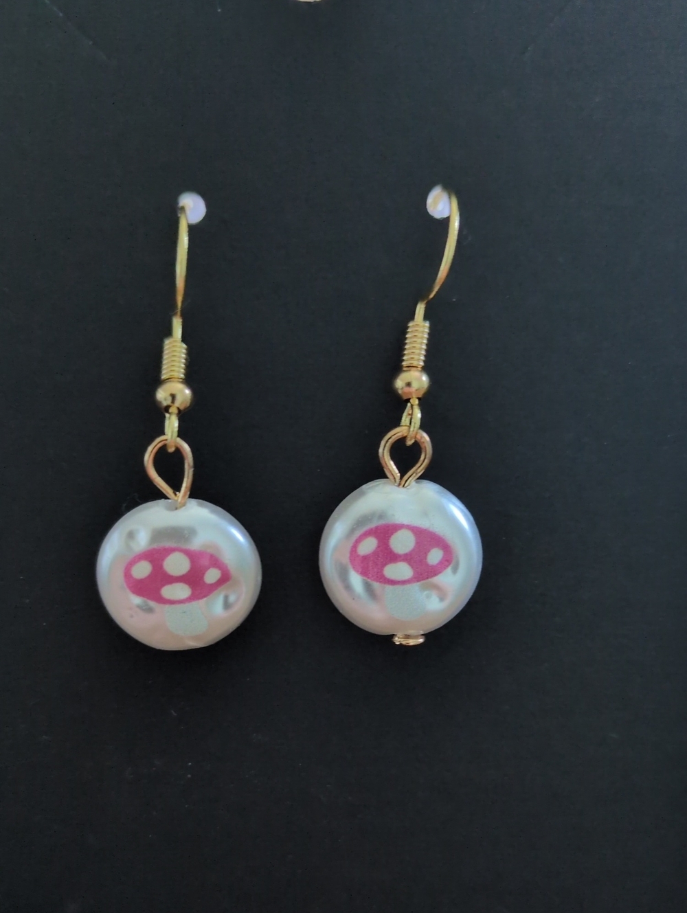 Pearl Drop Earrings with Pink Mushroom Accent